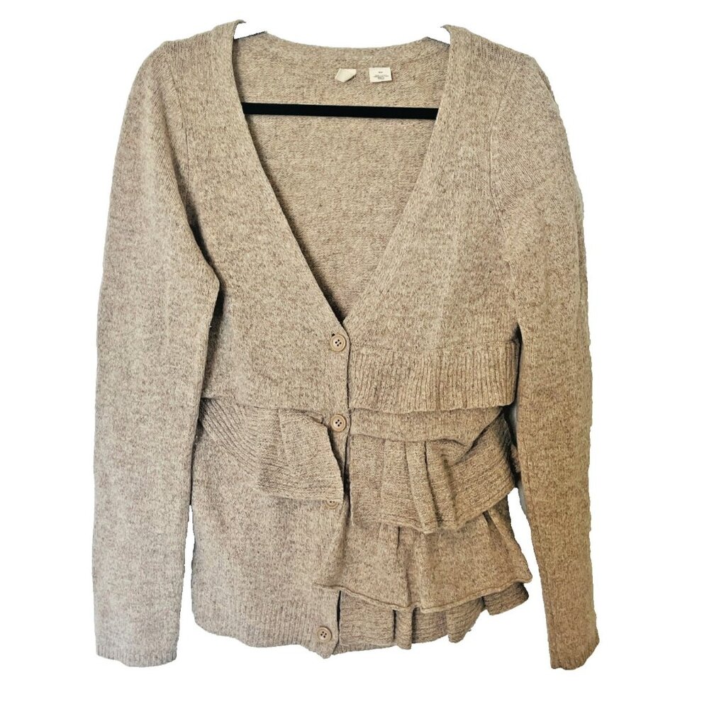 Anthropologie Moth M Tan Ruffle Hem V-Neck Cardigan Sweater